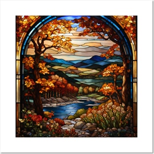 Stained Glass Window Of Autumn Scenery Posters and Art